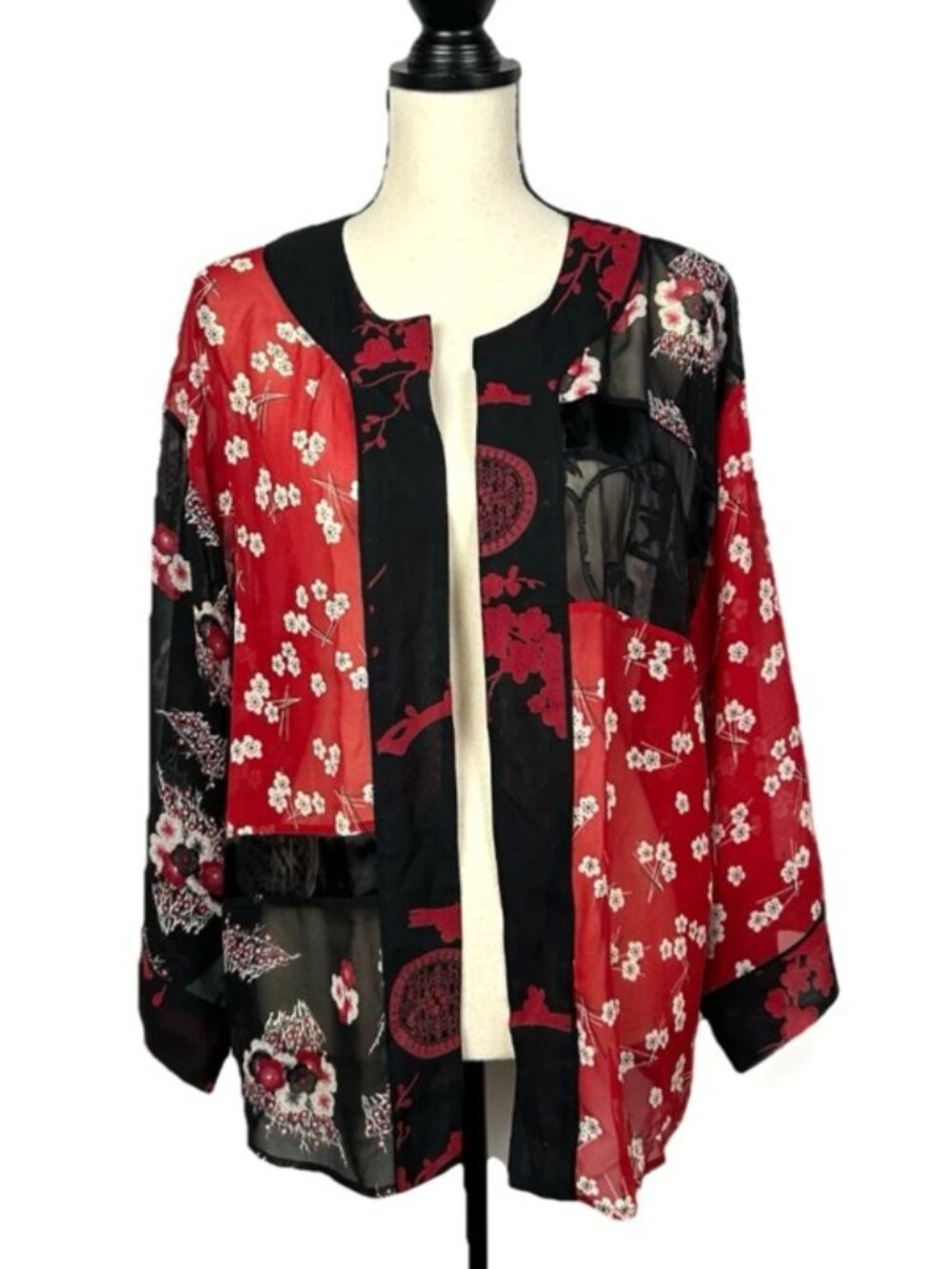 Chicos Silk Open Front Cardigan Kimono M Red Asian Inspired Shrug Sheer Dressy